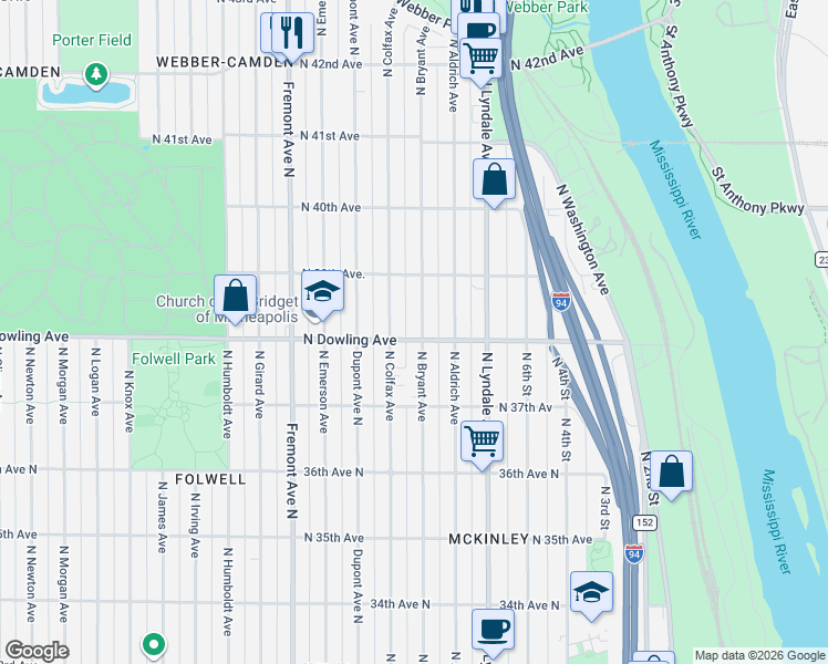 map of restaurants, bars, coffee shops, grocery stores, and more near 3801 North Bryant Avenue in Minneapolis