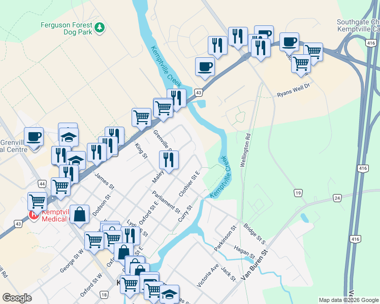 map of restaurants, bars, coffee shops, grocery stores, and more near 712 Maley Street in Kemptville