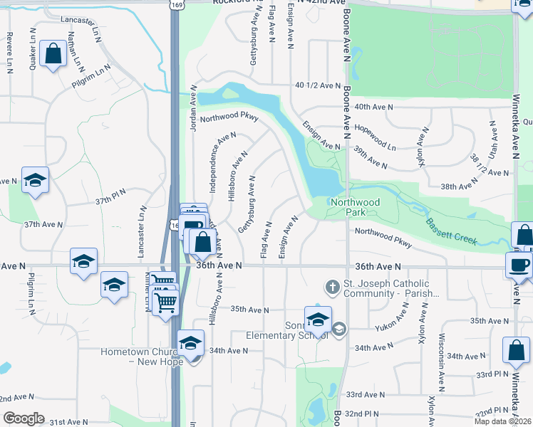 map of restaurants, bars, coffee shops, grocery stores, and more near 3708 Gettysburg Avenue North in Minneapolis