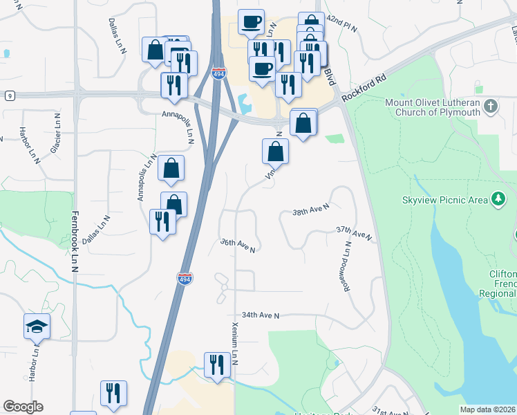 map of restaurants, bars, coffee shops, grocery stores, and more near 3660 Wedgewood Lane North in Plymouth