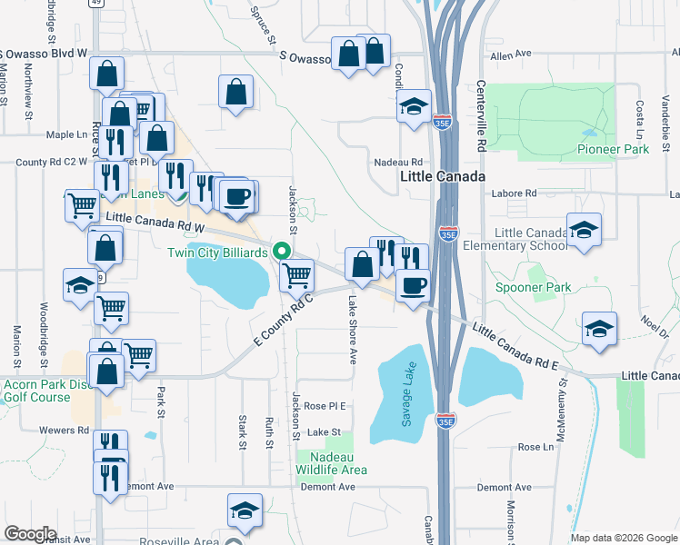 map of restaurants, bars, coffee shops, grocery stores, and more near 154 Little Canada Road East in Little Canada
