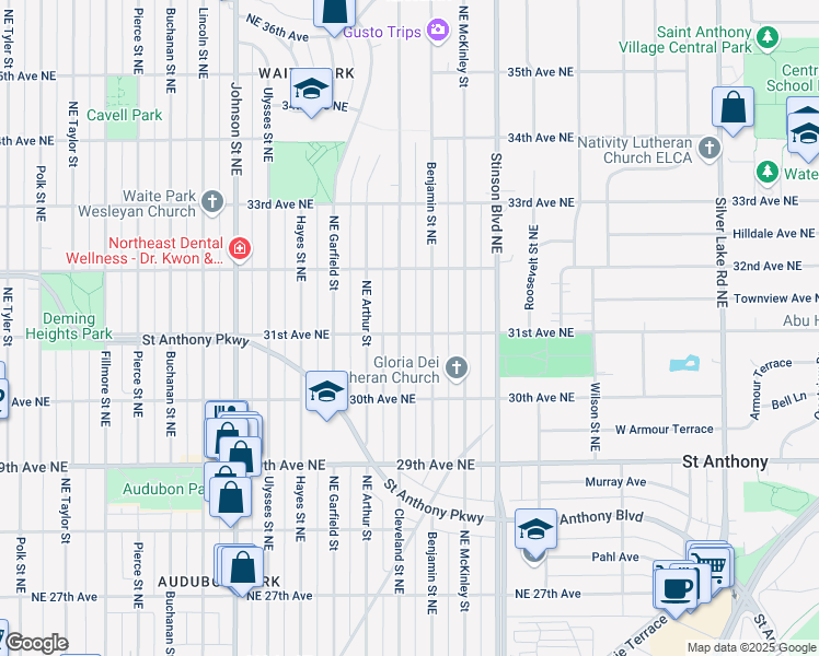 map of restaurants, bars, coffee shops, grocery stores, and more near 3054 Northeast Cleveland Street in Minneapolis