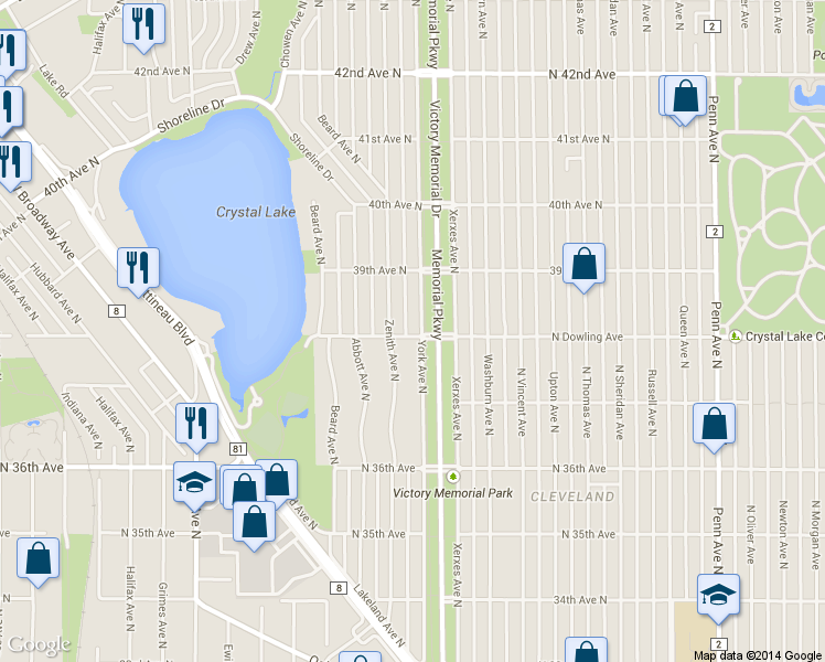 map of restaurants, bars, coffee shops, grocery stores, and more near 38th Ave N in Robbinsdale