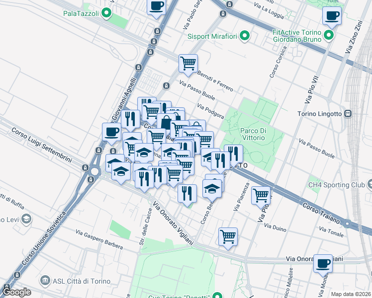 map of restaurants, bars, coffee shops, grocery stores, and more near 40 Corso Traiano in Turin