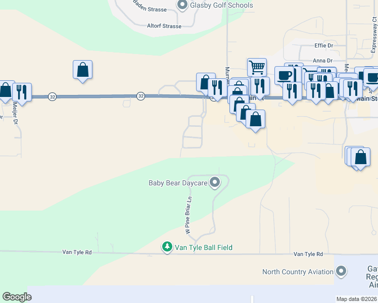 map of restaurants, bars, coffee shops, grocery stores, and more near 1901-1981 Nottingham Road South in Gaylord