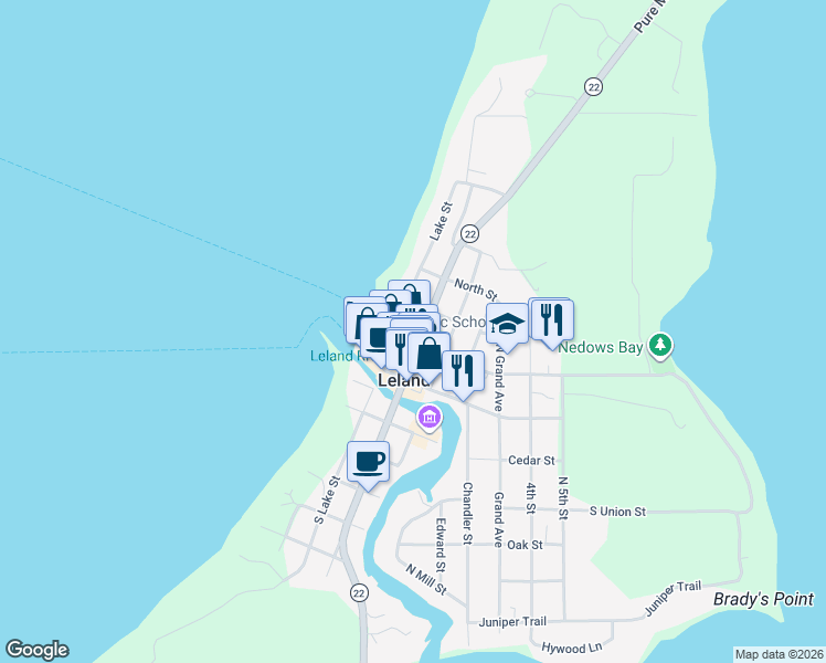 map of restaurants, bars, coffee shops, grocery stores, and more near 206 Lake Street in Leland