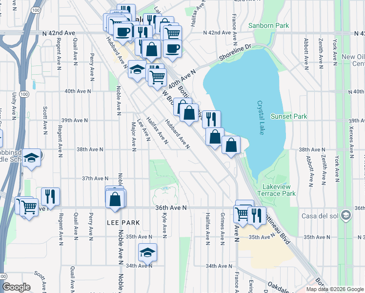 map of restaurants, bars, coffee shops, grocery stores, and more near 3755 Hubbard Avenue North in Robbinsdale