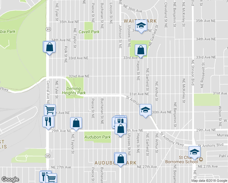 map of restaurants, bars, coffee shops, grocery stores, and more near 1417 31st Avenue Northeast in Minneapolis