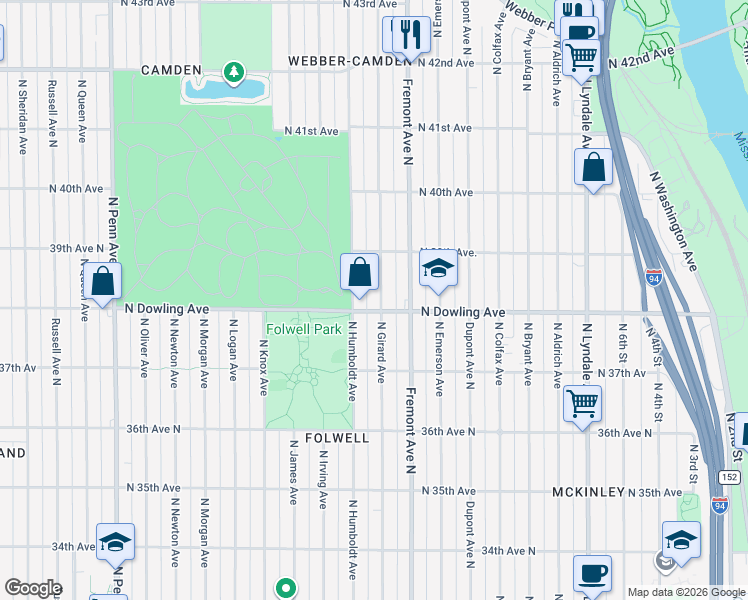 map of restaurants, bars, coffee shops, grocery stores, and more near 1404 North Dowling Avenue in Minneapolis