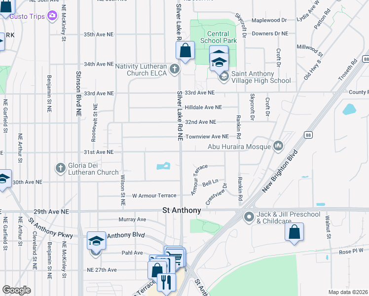map of restaurants, bars, coffee shops, grocery stores, and more near 3029 Silver Lake Road Northeast in Minneapolis