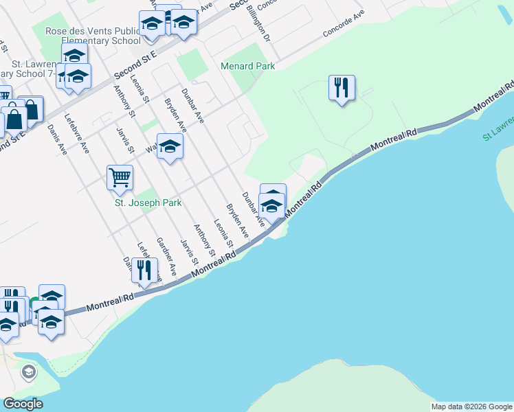 map of restaurants, bars, coffee shops, grocery stores, and more near 14 Dunbar Avenue in Cornwall