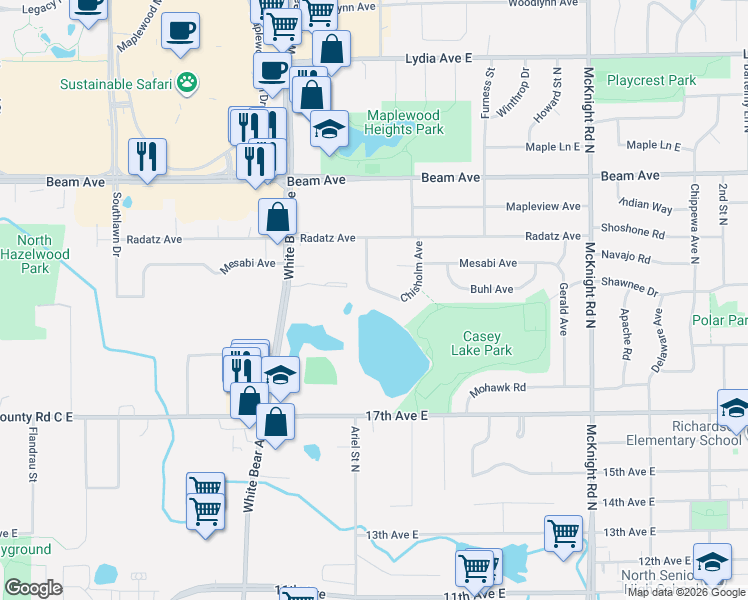 map of restaurants, bars, coffee shops, grocery stores, and more near 2740 Chisholm Avenue in North Saint Paul