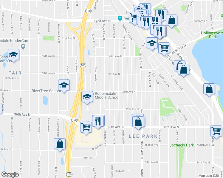 map of restaurants, bars, coffee shops, grocery stores, and more near 3759 Quail Avenue North in Minneapolis