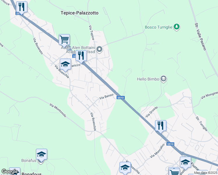 map of restaurants, bars, coffee shops, grocery stores, and more near 107 Corso Torino in Chieri