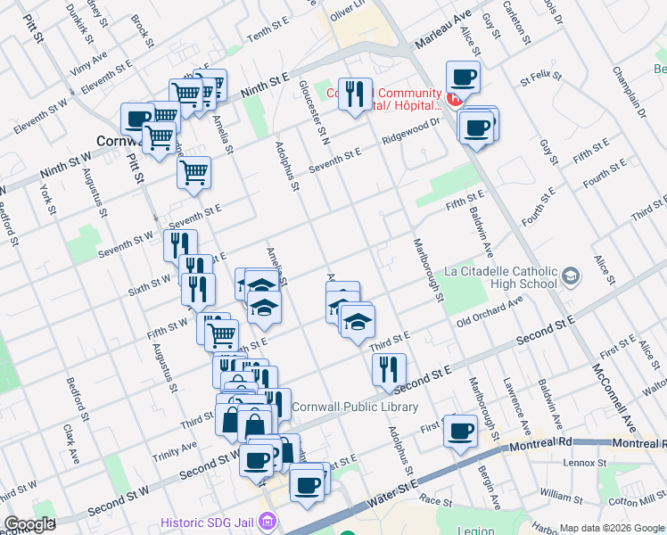 map of restaurants, bars, coffee shops, grocery stores, and more near 441 Adolphus Street in Cornwall
