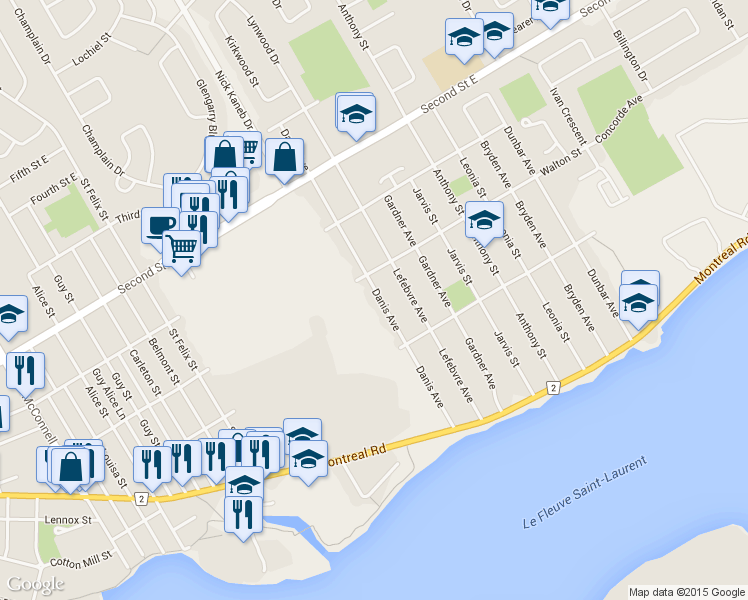 map of restaurants, bars, coffee shops, grocery stores, and more near 145 Danis Avenue in Cornwall