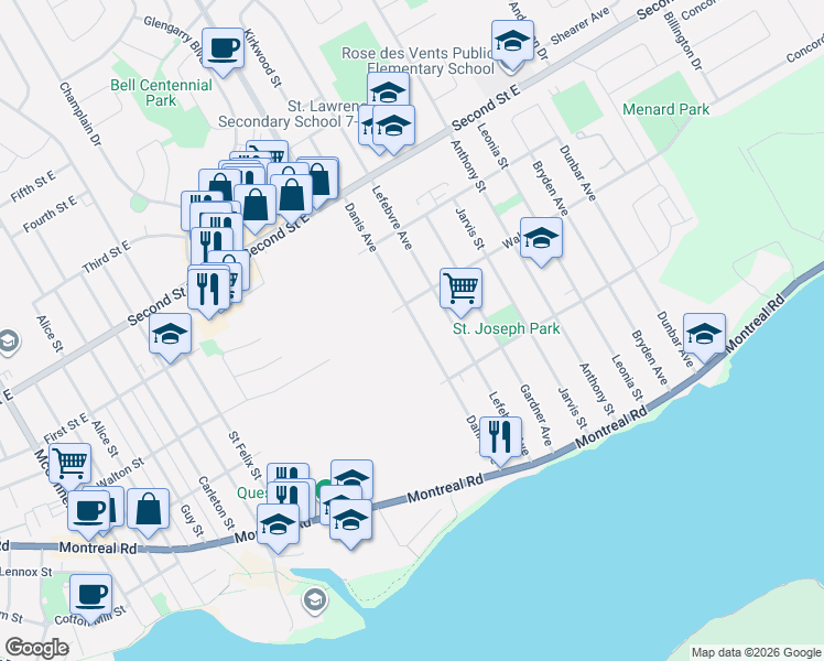 map of restaurants, bars, coffee shops, grocery stores, and more near 145 Danis Avenue in Cornwall