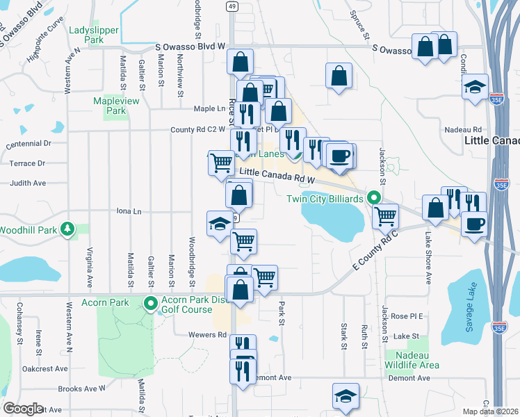 map of restaurants, bars, coffee shops, grocery stores, and more near 2744 Rice Street in Saint Paul