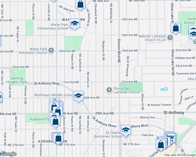 map of restaurants, bars, coffee shops, grocery stores, and more near 3054 Northeast Cleveland Street in Minneapolis