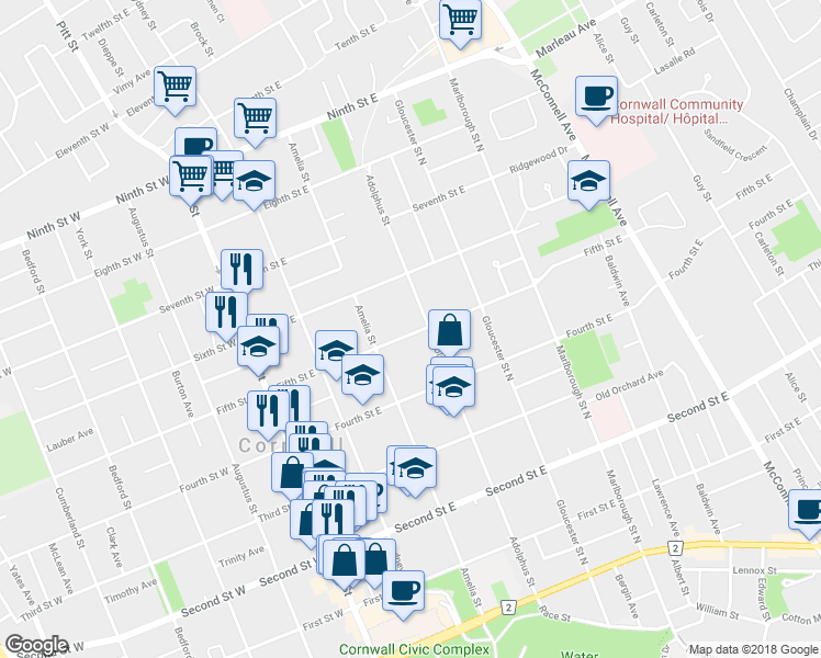 map of restaurants, bars, coffee shops, grocery stores, and more near 233 Fifth Street East in Cornwall