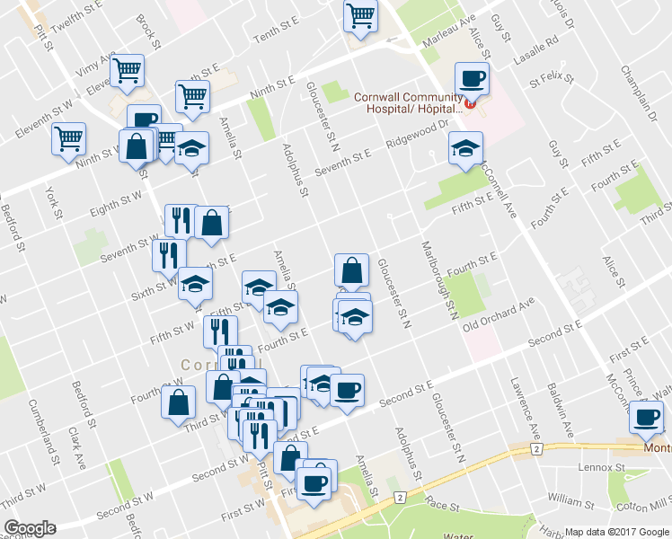 map of restaurants, bars, coffee shops, grocery stores, and more near 441 Adolphus St in Cornwall