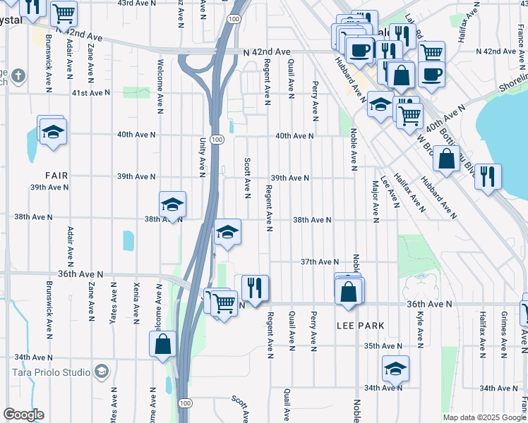 map of restaurants, bars, coffee shops, grocery stores, and more near 3811 Regent Avenue North in Minneapolis