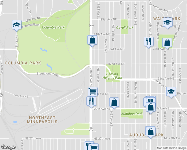 map of restaurants, bars, coffee shops, grocery stores, and more near in Minneapolis