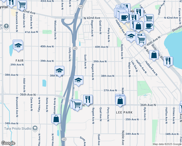 map of restaurants, bars, coffee shops, grocery stores, and more near 5115 38th Avenue North in Robbinsdale