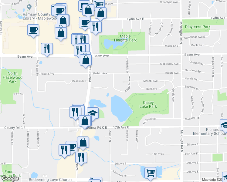 map of restaurants, bars, coffee shops, grocery stores, and more near 2740 Chisholm Avenue in North Saint Paul