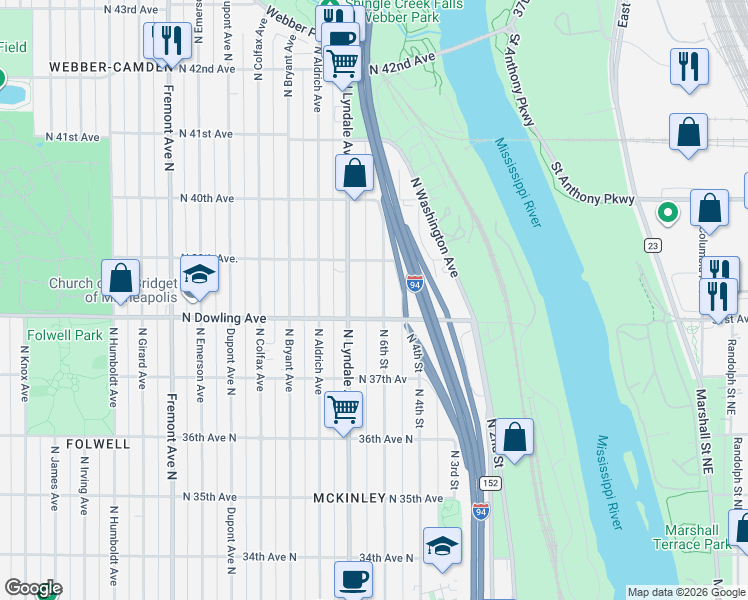 map of restaurants, bars, coffee shops, grocery stores, and more near in Minneapolis