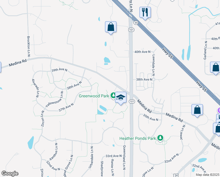map of restaurants, bars, coffee shops, grocery stores, and more near 18115 Medina Road in Minneapolis