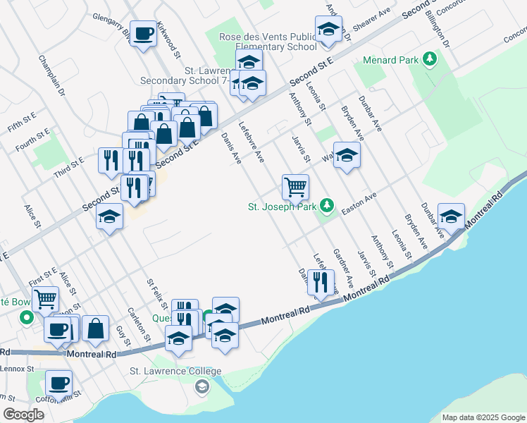 map of restaurants, bars, coffee shops, grocery stores, and more near 147 Danis Avenue in Cornwall