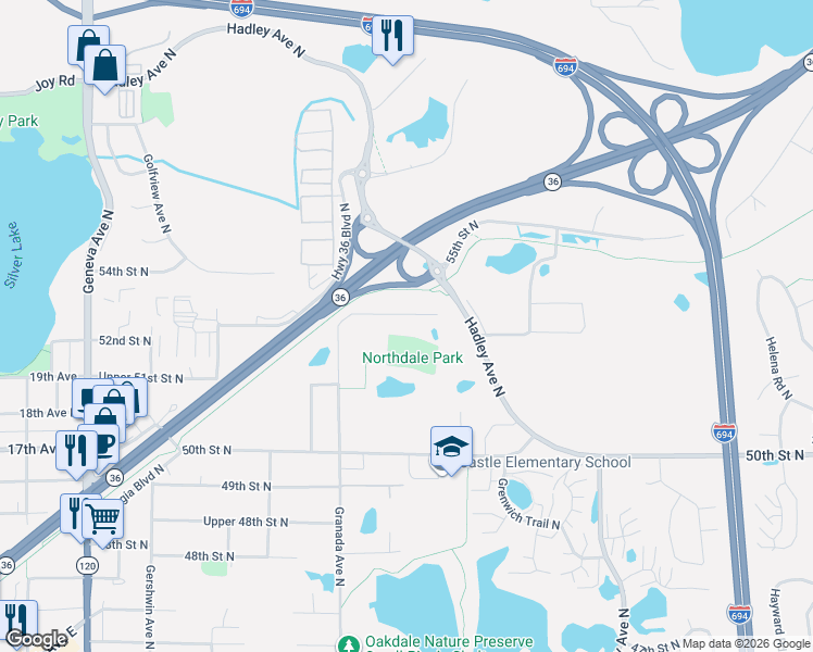 map of restaurants, bars, coffee shops, grocery stores, and more near 5099 Granada Avenue North in Oakdale