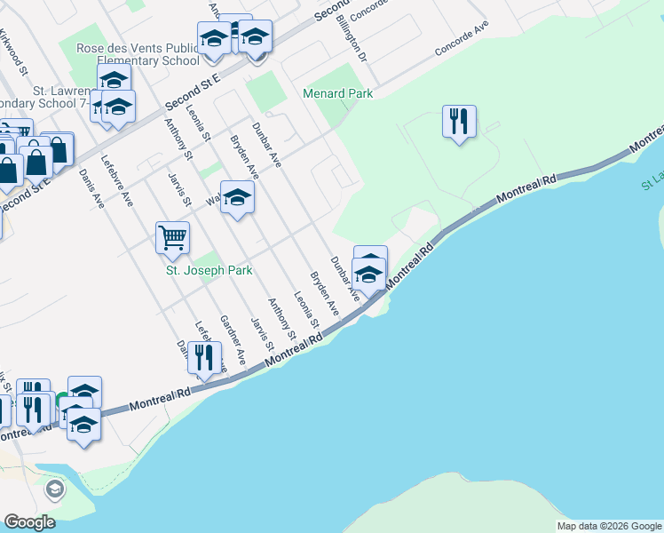 map of restaurants, bars, coffee shops, grocery stores, and more near 25 Dunbar Avenue in Cornwall