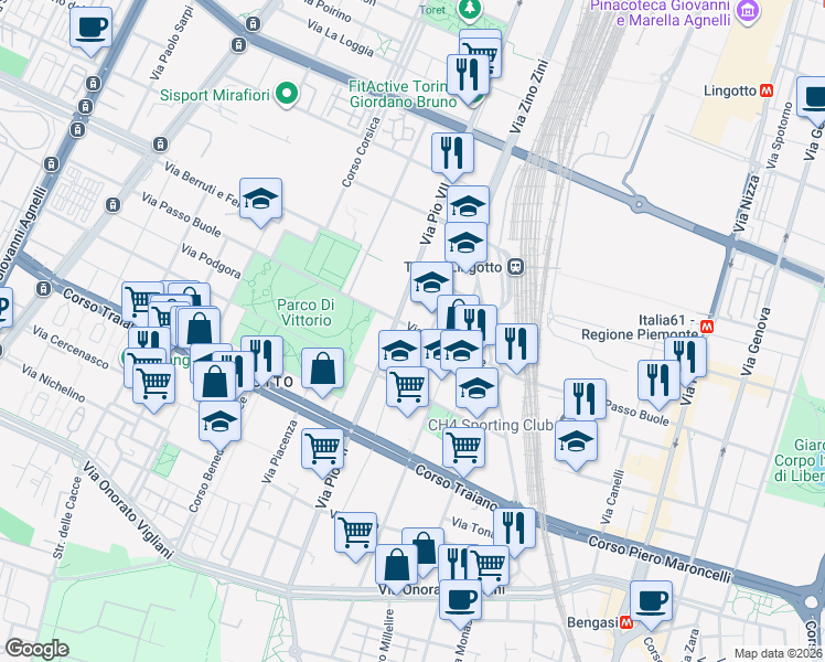map of restaurants, bars, coffee shops, grocery stores, and more near 7 Strada Basse del Lingotto in Torino