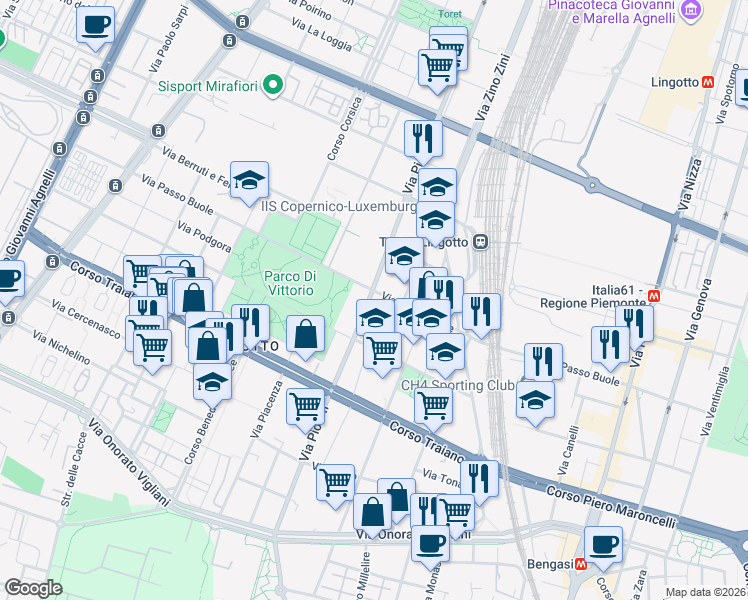 map of restaurants, bars, coffee shops, grocery stores, and more near 7 Strada Basse del Lingotto in Torino