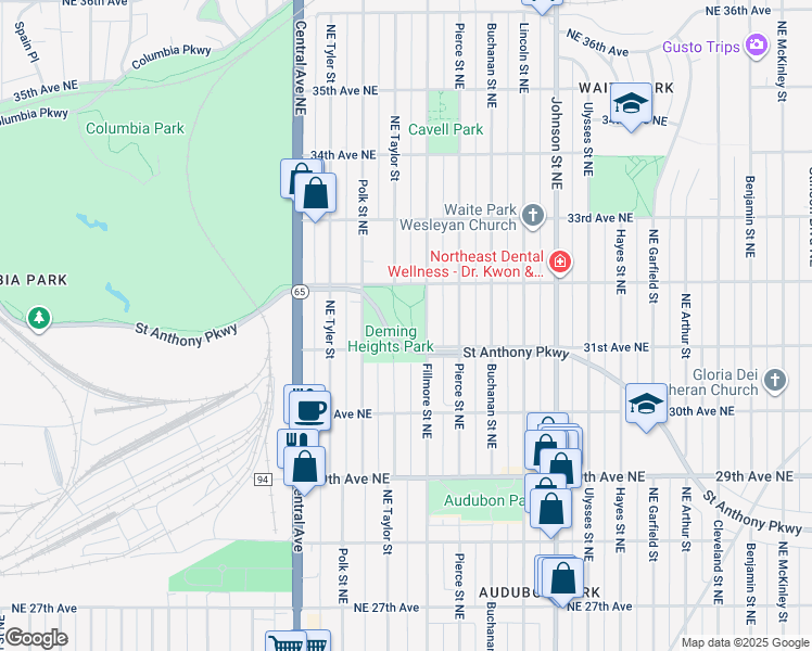 map of restaurants, bars, coffee shops, grocery stores, and more near 1115 Saint Anthony Parkway in Minneapolis