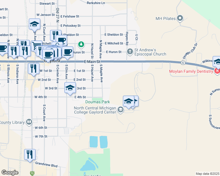 map of restaurants, bars, coffee shops, grocery stores, and more near 515 East 3rd Street in Gaylord