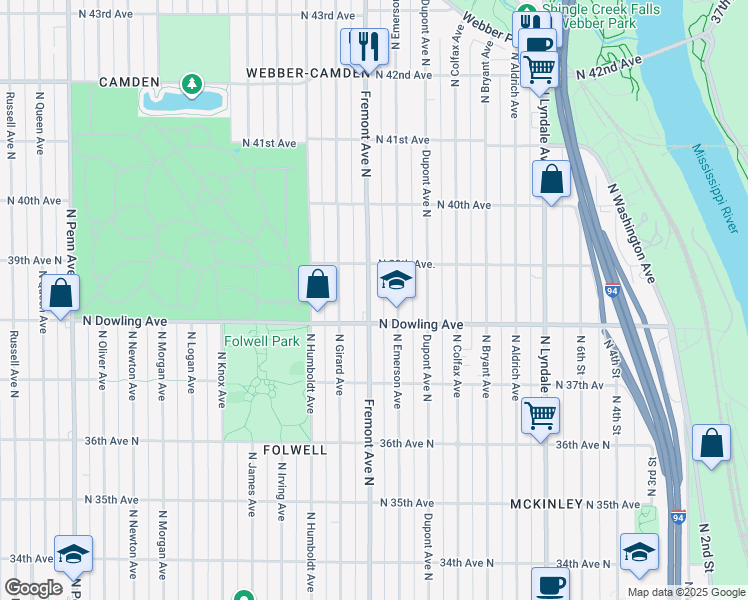 map of restaurants, bars, coffee shops, grocery stores, and more near in Minneapolis