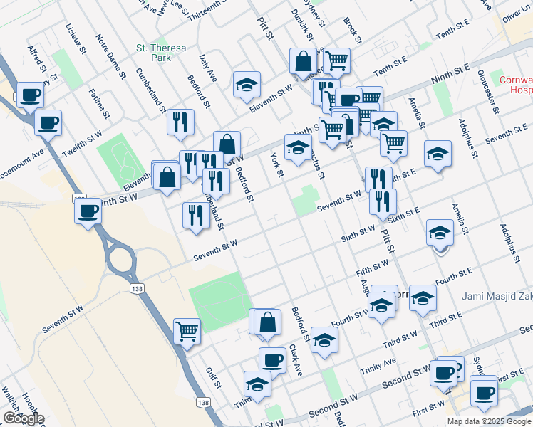 map of restaurants, bars, coffee shops, grocery stores, and more near in Cornwall