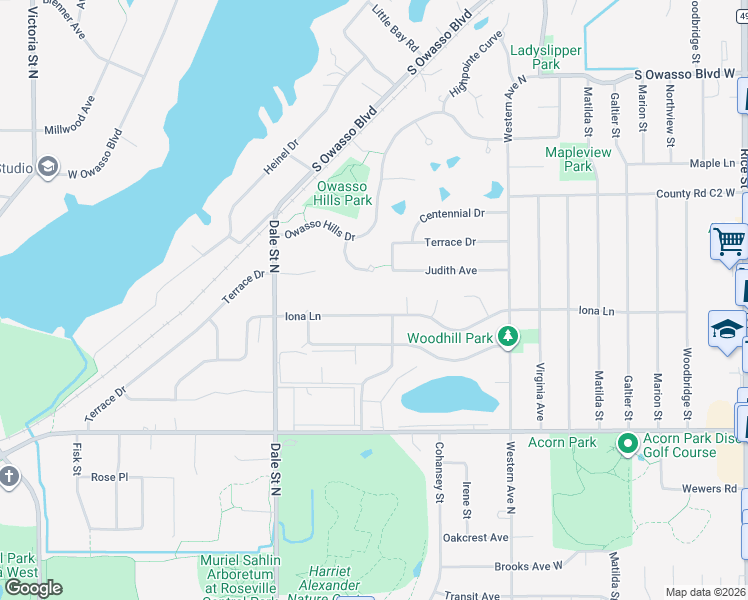 map of restaurants, bars, coffee shops, grocery stores, and more near 512 Iona Lane in Roseville