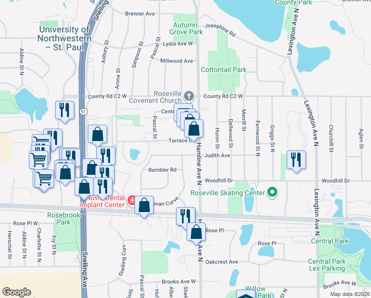 map of restaurants, bars, coffee shops, grocery stores, and more near 1354 Judith Avenue in Roseville