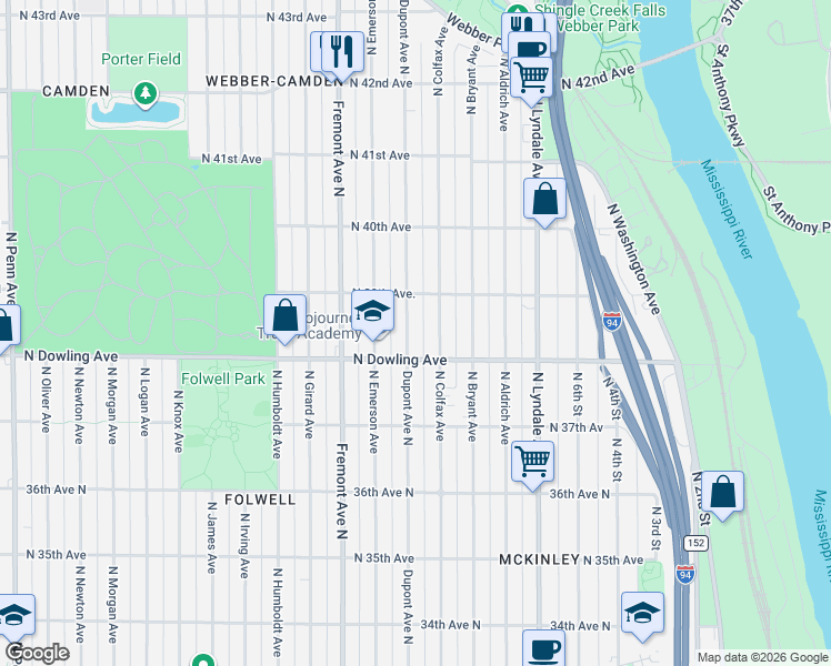 map of restaurants, bars, coffee shops, grocery stores, and more near 3159 North Dowling Avenue in Minneapolis