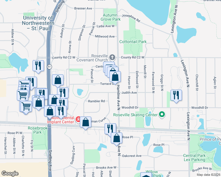 map of restaurants, bars, coffee shops, grocery stores, and more near 1360 Terrace Drive in Roseville