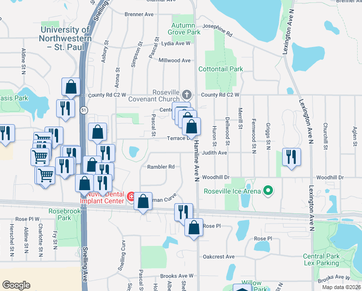 map of restaurants, bars, coffee shops, grocery stores, and more near in Roseville