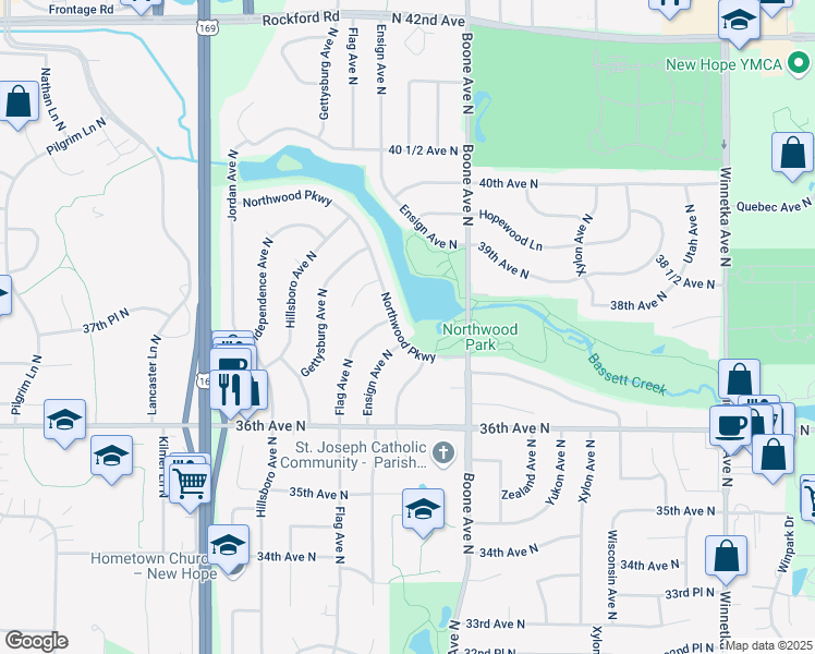 map of restaurants, bars, coffee shops, grocery stores, and more near 8932 Northwood Parkway in Minneapolis