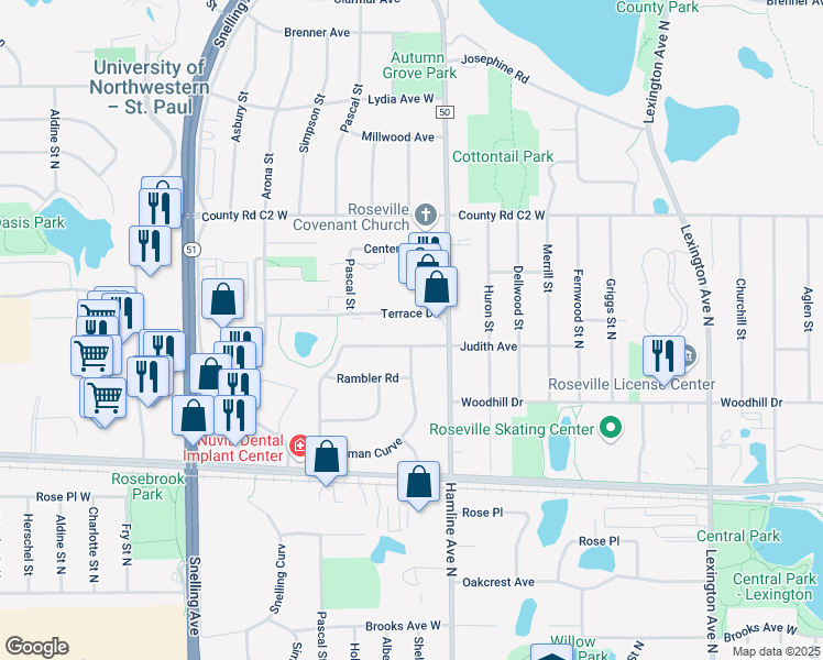 map of restaurants, bars, coffee shops, grocery stores, and more near 1360 Terrace Drive in Saint Paul