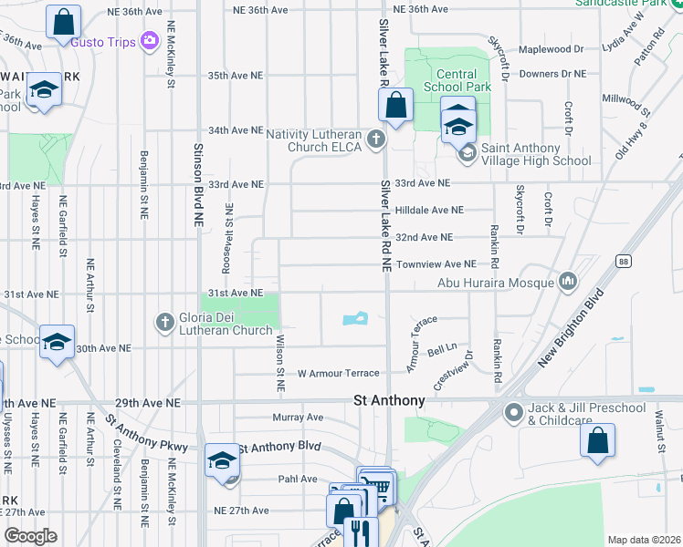 map of restaurants, bars, coffee shops, grocery stores, and more near 2820 32nd Avenue Northeast in Minneapolis