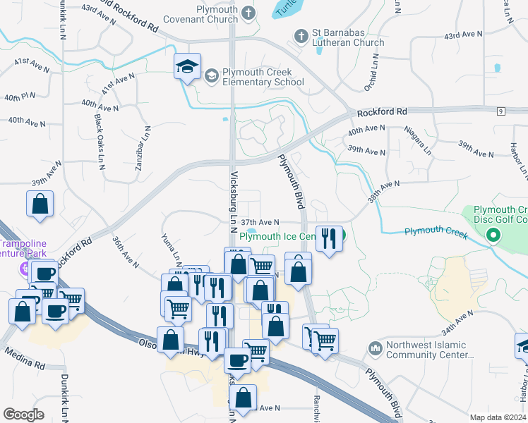 map of restaurants, bars, coffee shops, grocery stores, and more near 15700 37th Avenue North in Plymouth