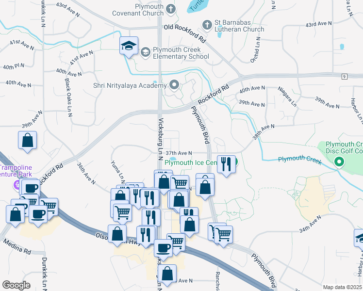 map of restaurants, bars, coffee shops, grocery stores, and more near 15700 37th Avenue North in Plymouth